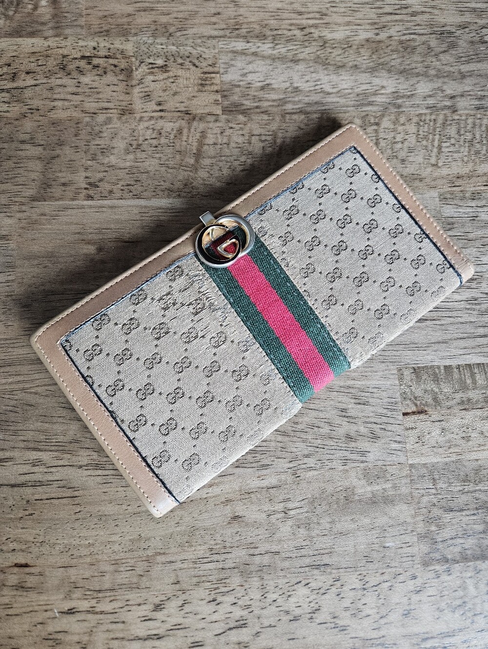 Gucci GG Logo Canvas Web Stripe Interlocking G Continental Wallet Leather Trim